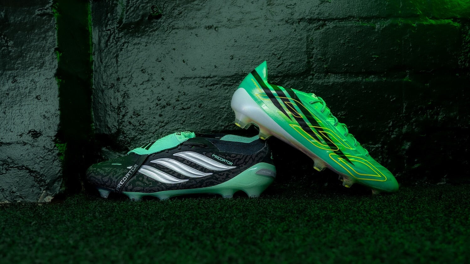 adidas Final Rush Pack featuring the black and mint Predator Elite FT alongside the green F50 Elite football boot