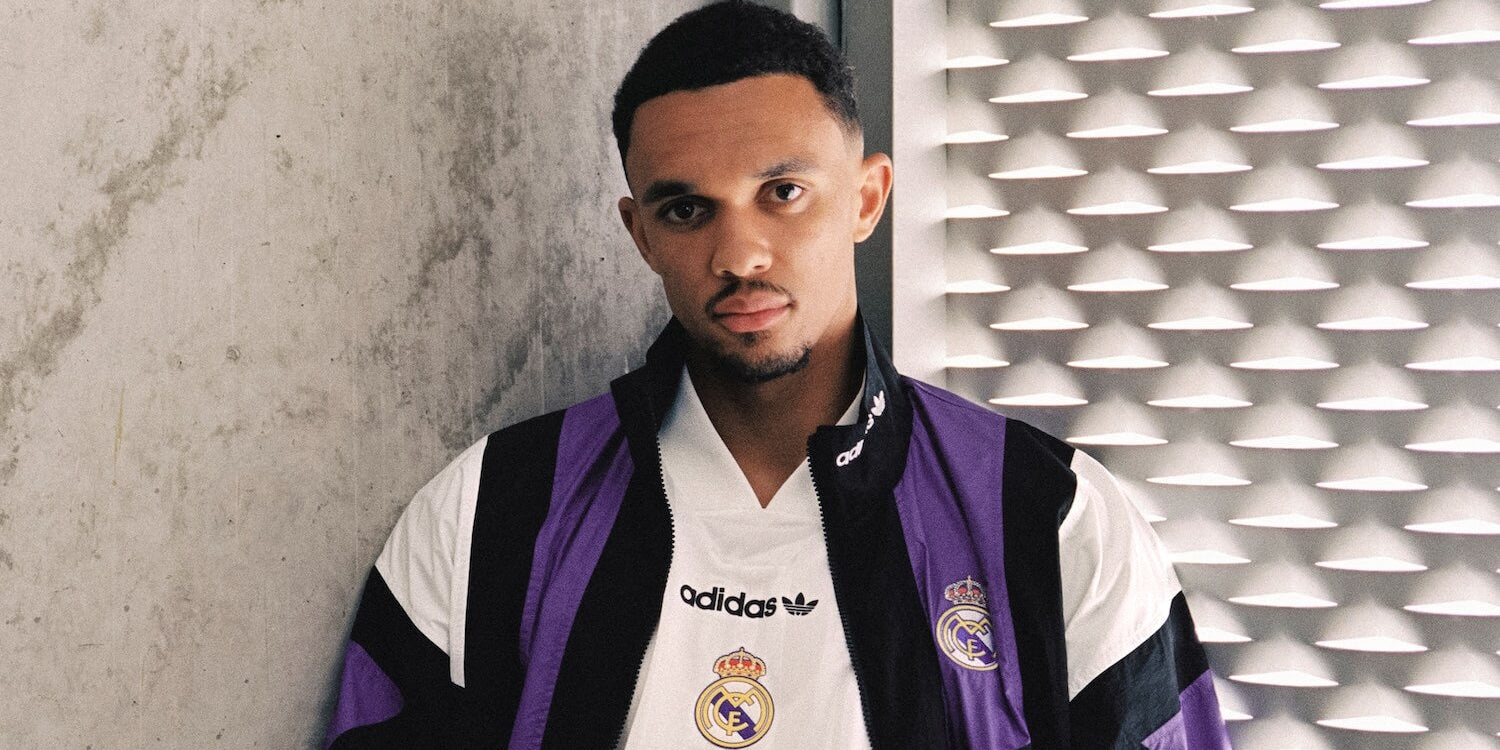 Trent Alexander-Arnold wearing the Real Madrid adidas EQT Culture Wear collection in black, white and purple
