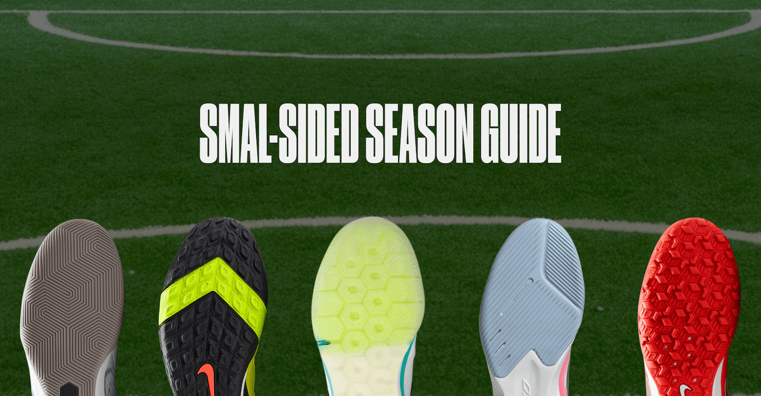 Small-Sided Season Guide banner showing indoor court and turf football shoe outsoles