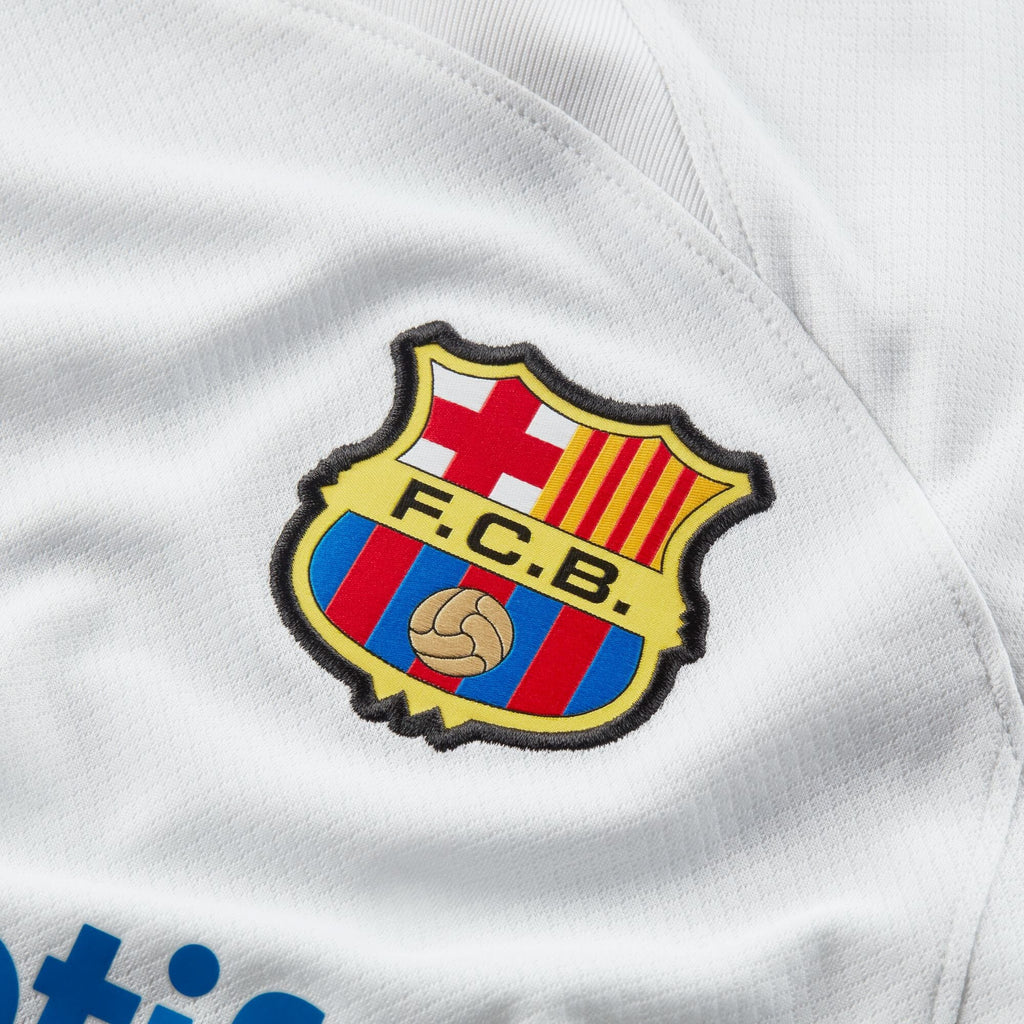 Nike Barcelona Joo Cancelo Away Jersey w/ Champions League Patches 23/24 (White/Royal Blue) Size S