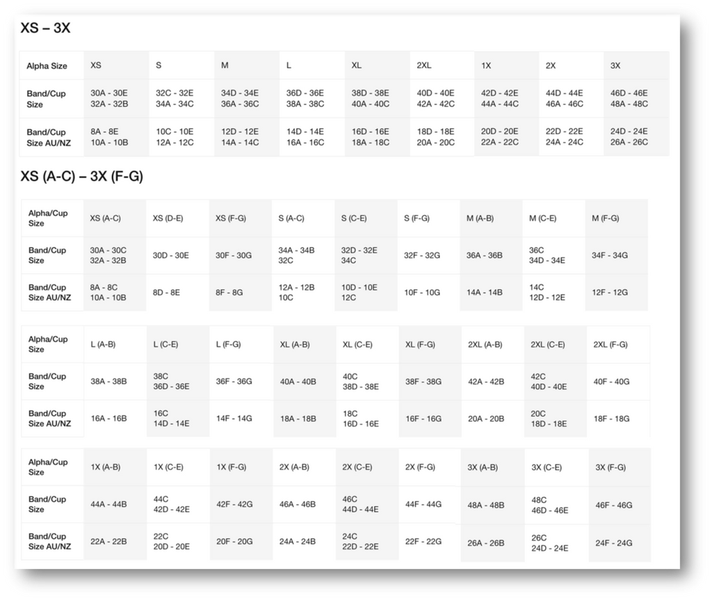Nike size chart bra deals